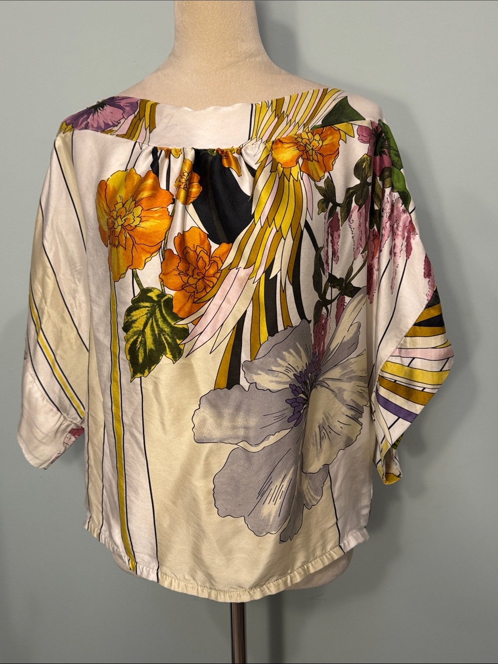 Eight Sixty Floral SILK Boatneck blouse Dohlman sleeves